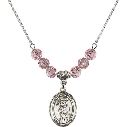 Sterling Silver Saint Regina Birthstone Necklace with Light Rose Beads - 8335