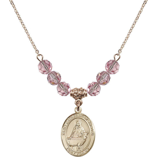 14kt Gold Filled Saint Catherine of Sweden Birthstone Necklace with Light Rose Beads - 8336