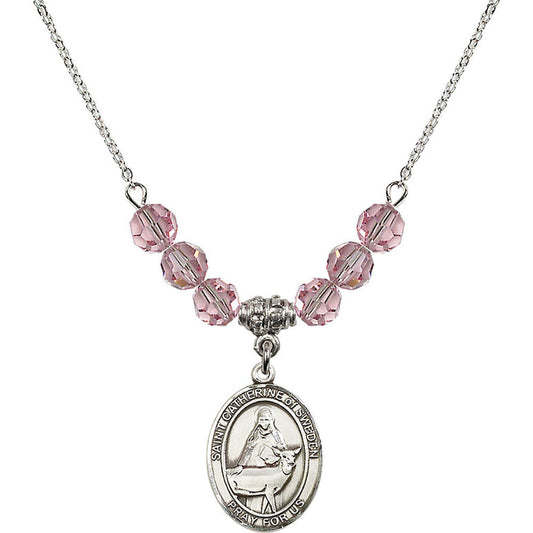 Sterling Silver Saint Catherine of Sweden Birthstone Necklace with Light Rose Beads - 8336