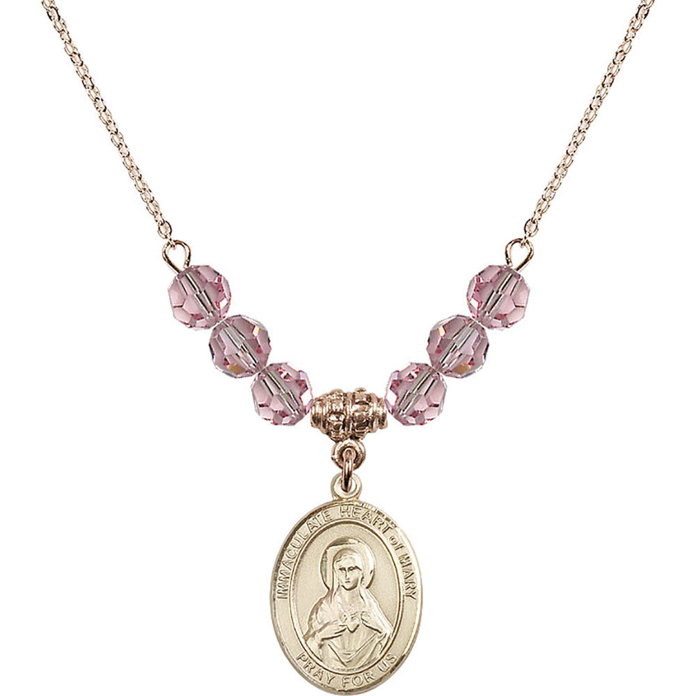 14kt Gold Filled Immaculate Heart of Mary Birthstone Necklace with Light Rose Beads - 8337