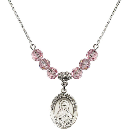 Sterling Silver Immaculate Heart of Mary Birthstone Necklace with Light Rose Beads - 8337
