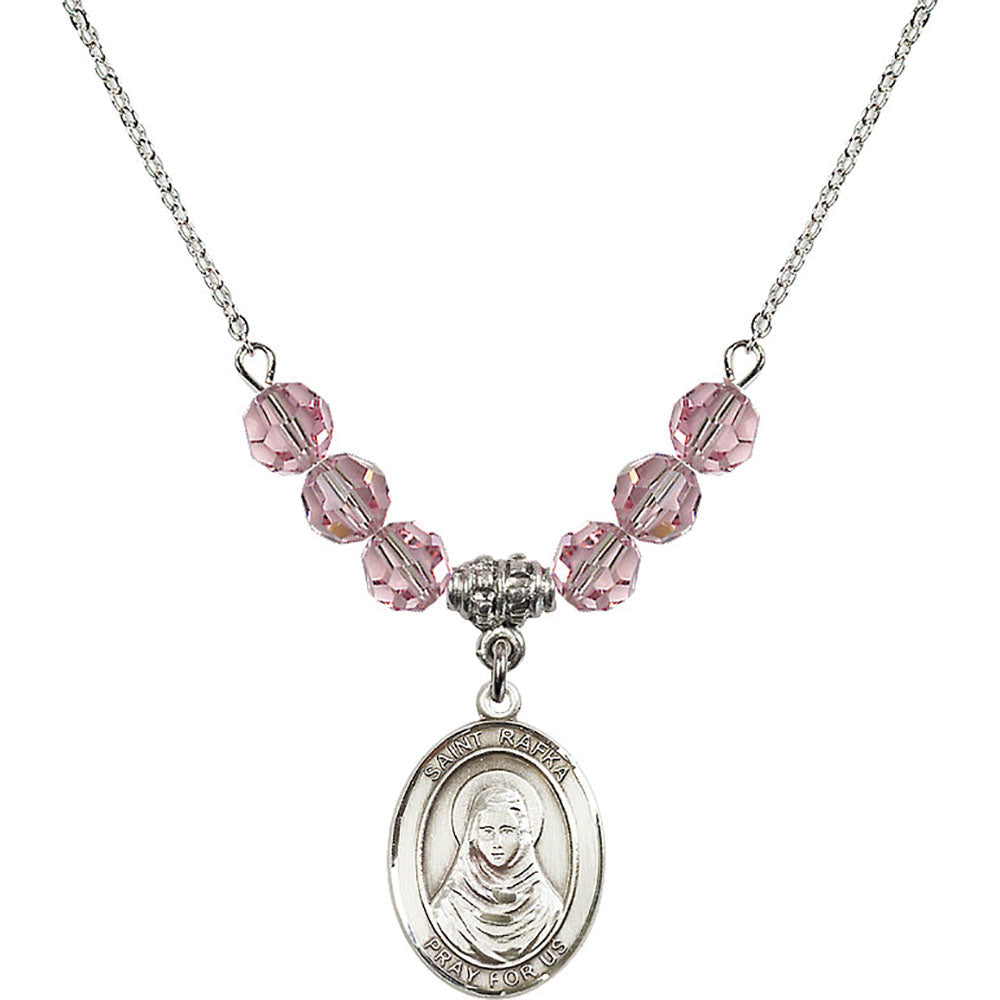 Sterling Silver Saint Rafka Birthstone Necklace with Light Rose Beads - 8338