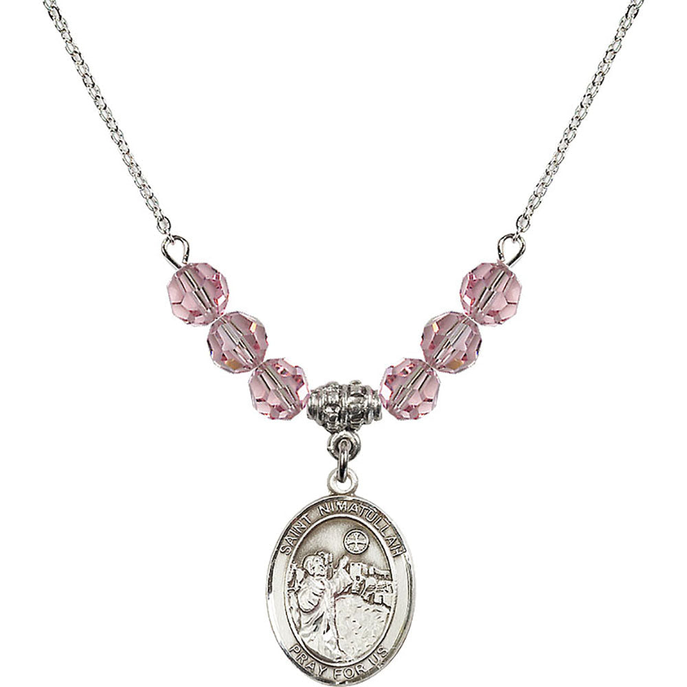 Sterling Silver Saint Nimatullah Birthstone Necklace with Light Rose Beads - 8339