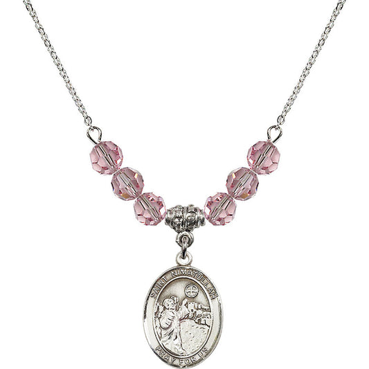 Sterling Silver Saint Nimatullah Birthstone Necklace with Light Rose Beads - 8339