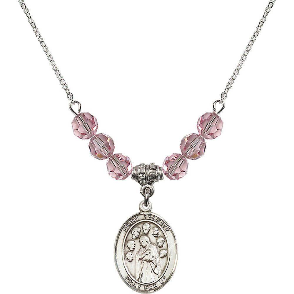 Sterling Silver Saint Felicity Birthstone Necklace with Light Rose Beads - 8341