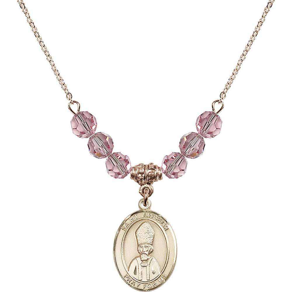 14kt Gold Filled Saint Anselm of Canterbury Birthstone Necklace with Light Rose Beads - 8342