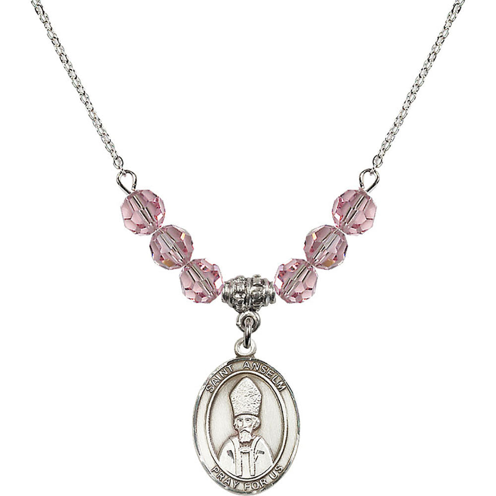 Sterling Silver Saint Anselm of Canterbury Birthstone Necklace with Light Rose Beads - 8342