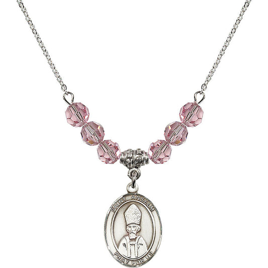 Sterling Silver Saint Anselm of Canterbury Birthstone Necklace with Light Rose Beads - 8342