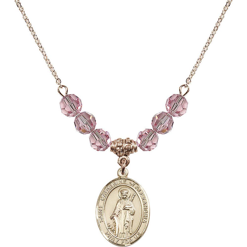 14kt Gold Filled Saint Catherine of Alexandria Birthstone Necklace with Light Rose Beads - 8343