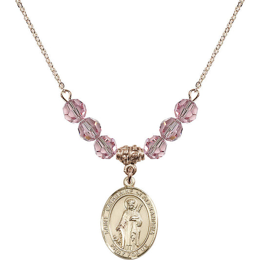 14kt Gold Filled Saint Catherine of Alexandria Birthstone Necklace with Light Rose Beads - 8343
