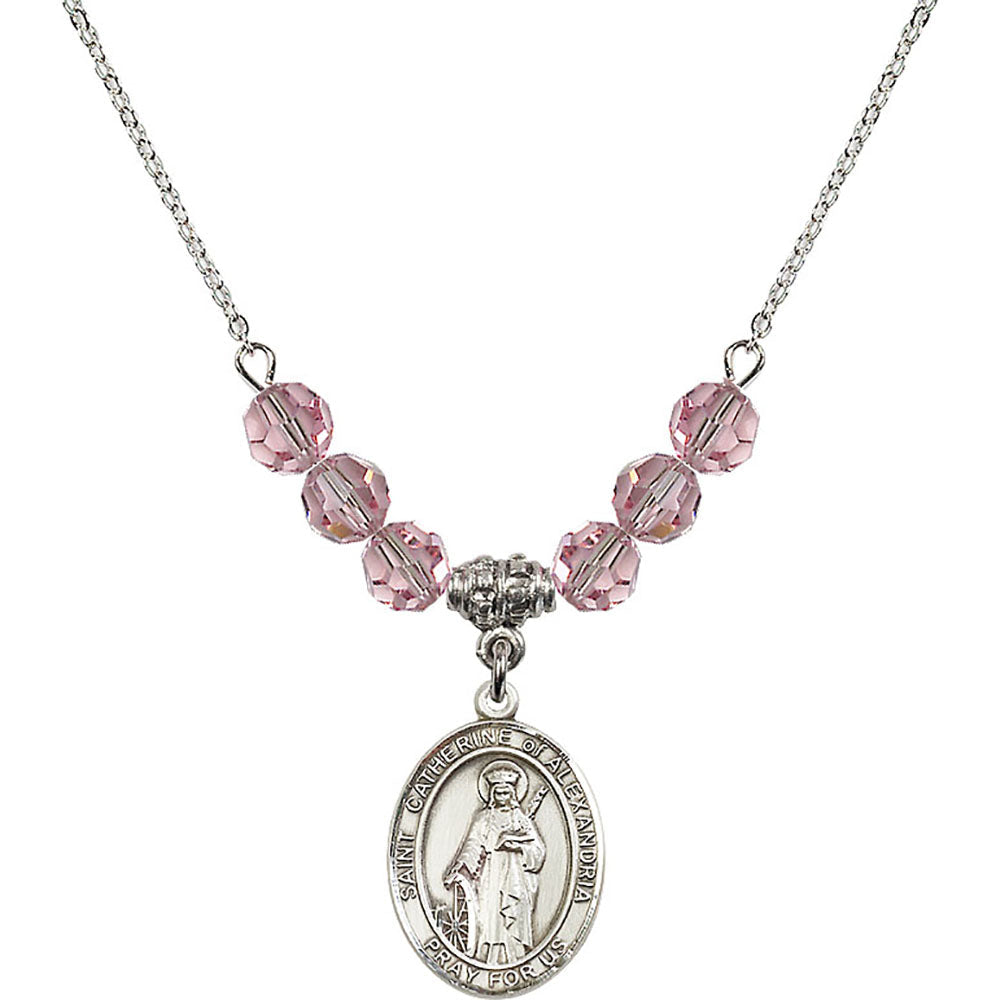 Sterling Silver Saint Catherine of Alexandria Birthstone Necklace with Light Rose Beads - 8343