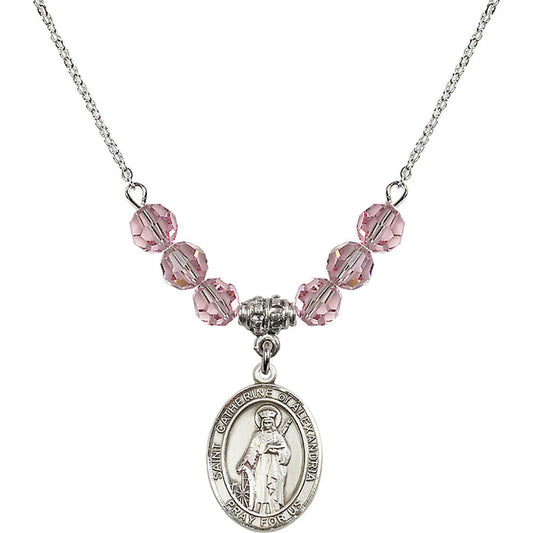 Sterling Silver Saint Catherine of Alexandria Birthstone Necklace with Light Rose Beads - 8343