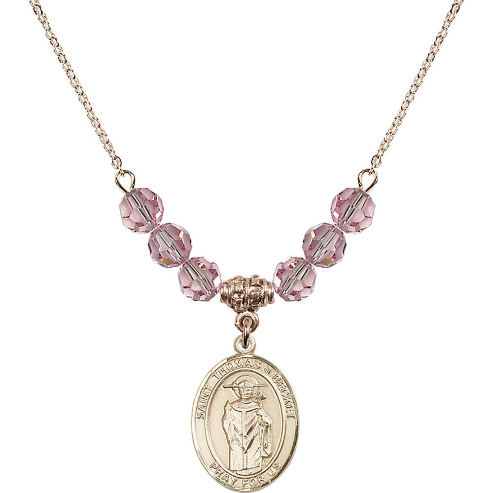14kt Gold Filled Saint Thomas A Becket Birthstone Necklace with Light Rose Beads - 8344