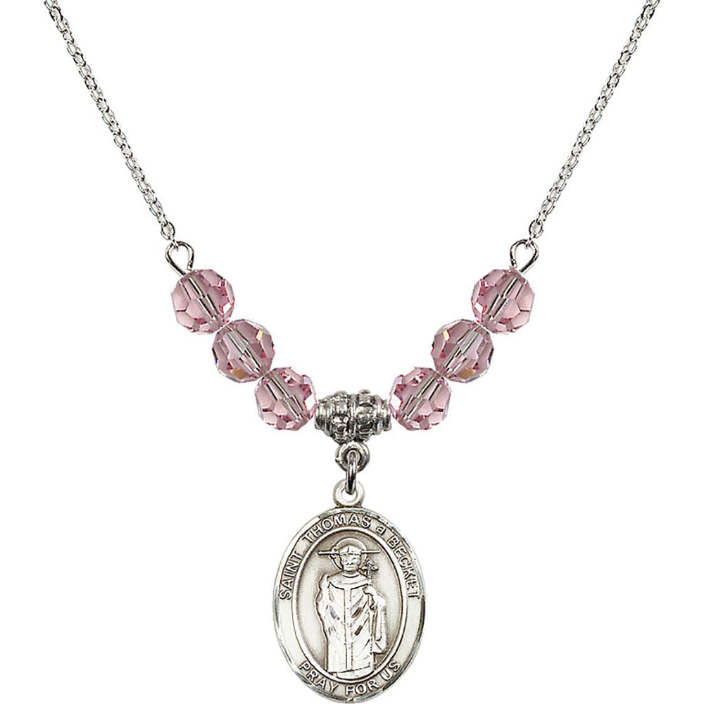 Sterling Silver Saint Thomas A Becket Birthstone Necklace with Light Rose Beads - 8344