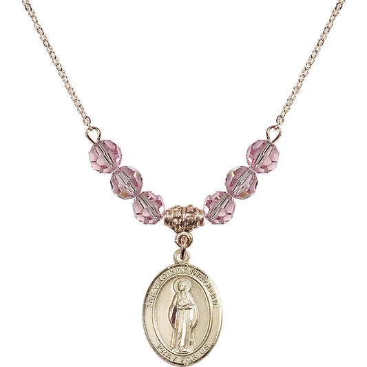 14kt Gold Filled Virgin of the Globe Birthstone Necklace with Light Rose Beads - 8345