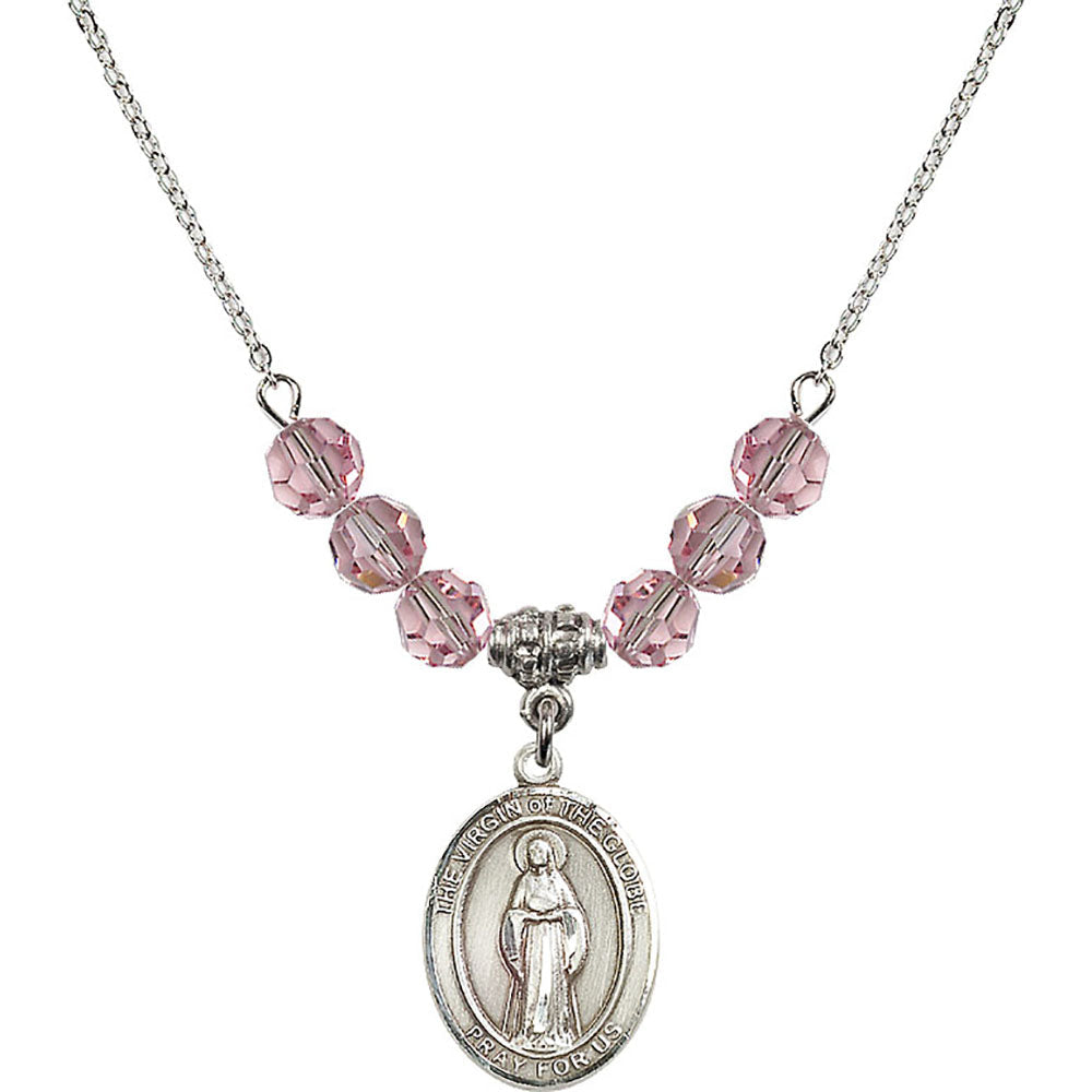 Sterling Silver Virgin of the Globe Birthstone Necklace with Light Rose Beads - 8345