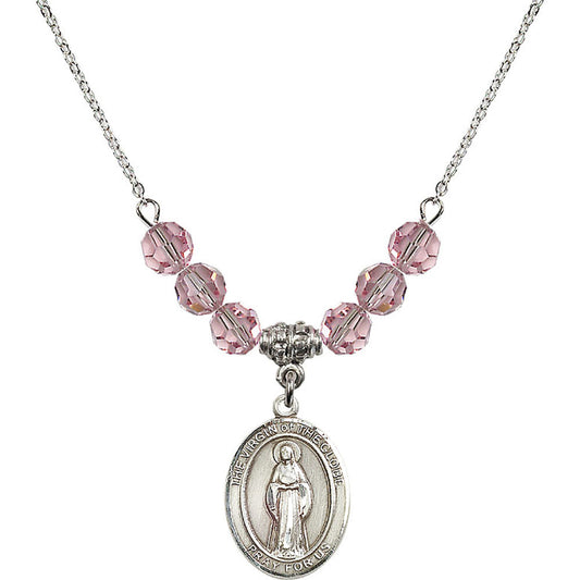 Sterling Silver Virgin of the Globe Birthstone Necklace with Light Rose Beads - 8345