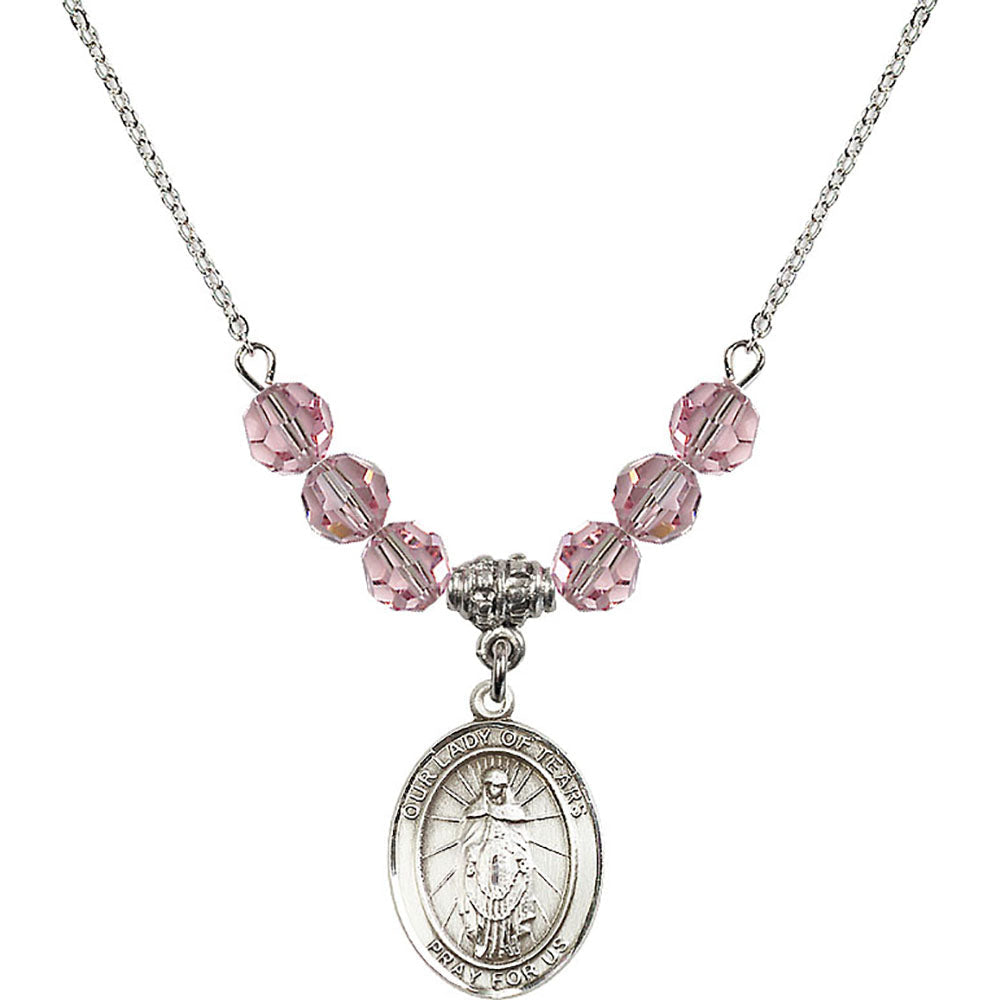 Sterling Silver Our Lady of Tears Birthstone Necklace with Light Rose Beads - 8346