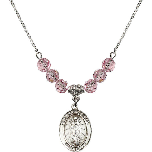 Sterling Silver Our Lady of Tears Birthstone Necklace with Light Rose Beads - 8346