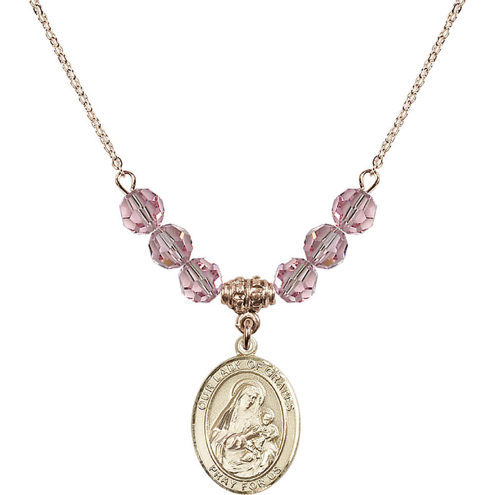 14kt Gold Filled Our Lady of Grapes Birthstone Necklace with Light Rose Beads - 8347