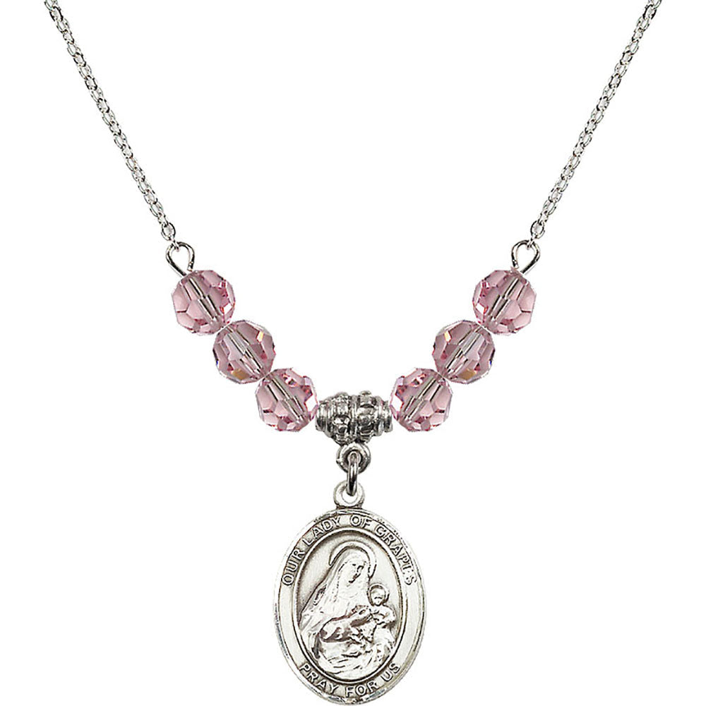 Sterling Silver Our Lady of Grapes Birthstone Necklace with Light Rose Beads - 8347