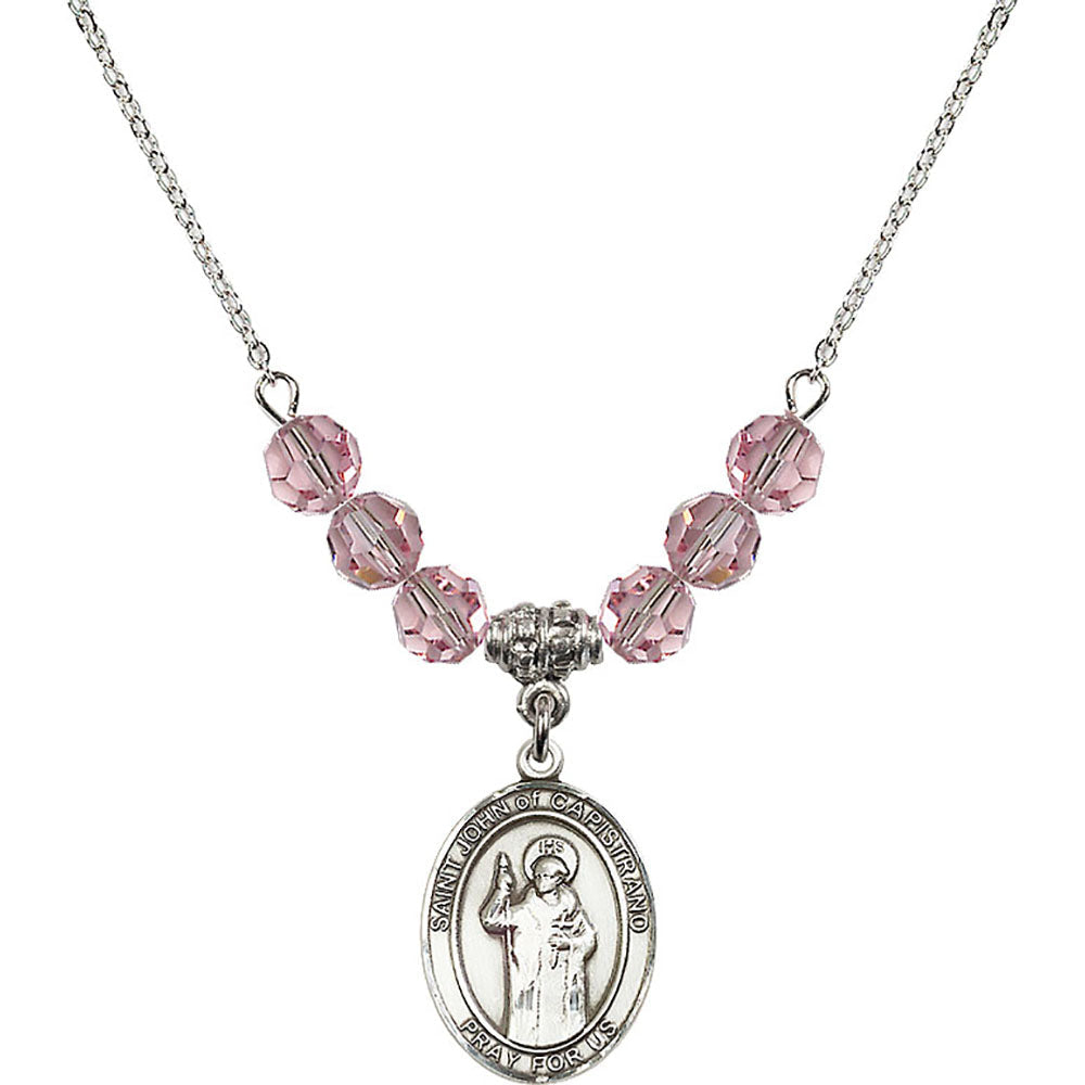 Sterling Silver Saint John of Capistrano Birthstone Necklace with Light Rose Beads - 8350