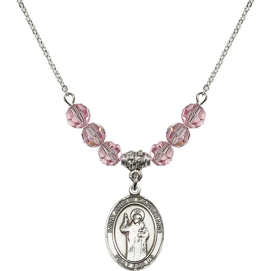 Sterling Silver Saint John of Capistrano Birthstone Necklace with Light Rose Beads - 8350