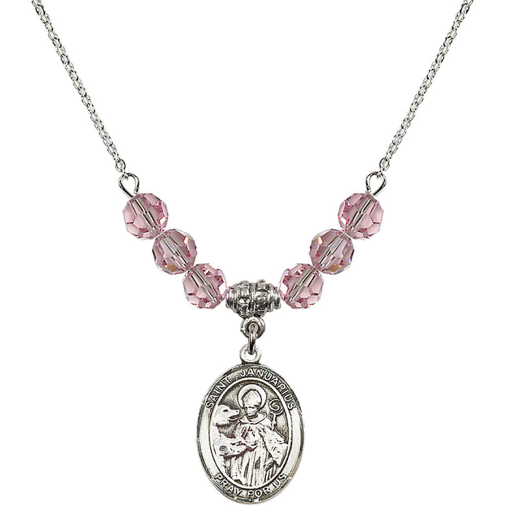Sterling Silver Saint Januarius Birthstone Necklace with Light Rose Beads - 8351