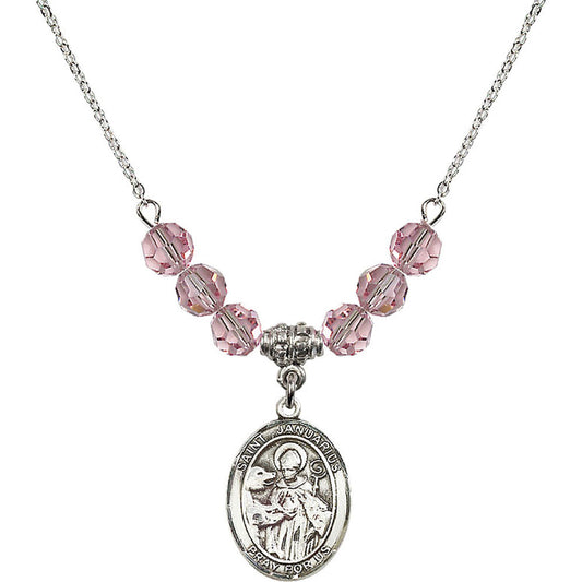 Sterling Silver Saint Januarius Birthstone Necklace with Light Rose Beads - 8351