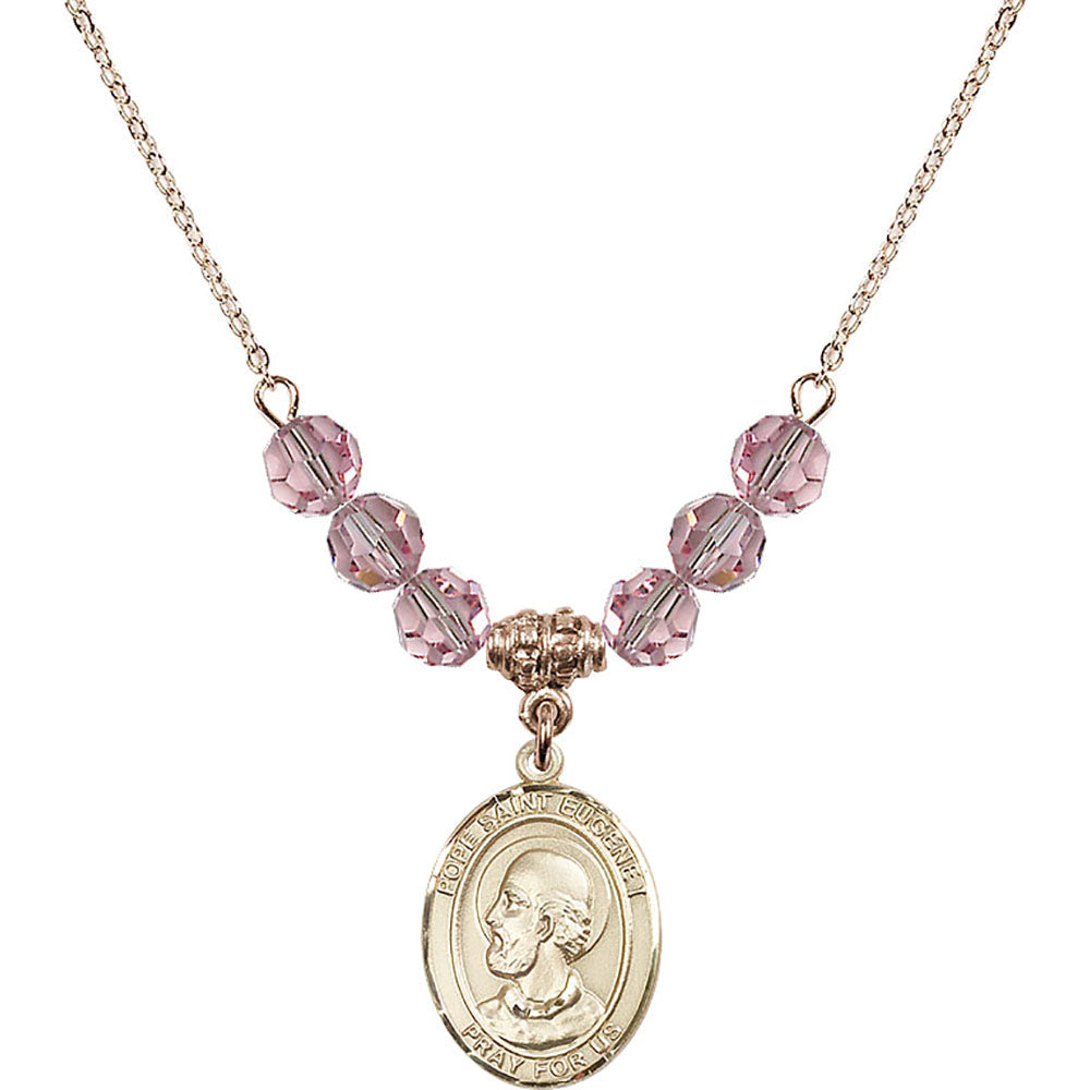 14kt Gold Filled Pope Saint Eugene I Birthstone Necklace with Light Rose Beads - 8352