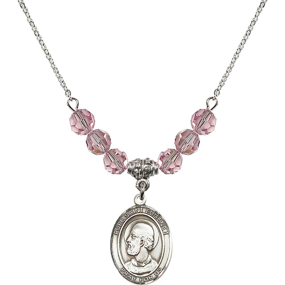 Sterling Silver Pope Saint Eugene I Birthstone Necklace with Light Rose Beads - 8352