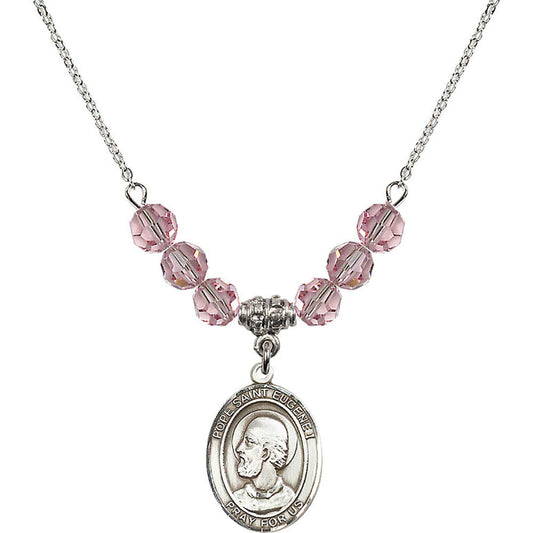 Sterling Silver Pope Saint Eugene I Birthstone Necklace with Light Rose Beads - 8352