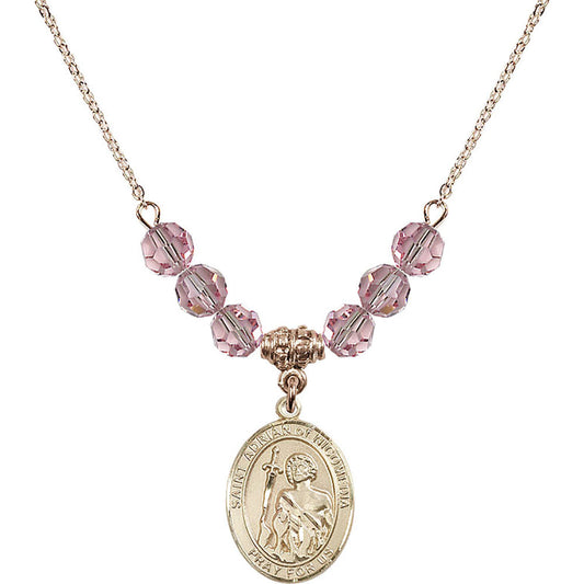 14kt Gold Filled Saint Adrian of Nicomedia Birthstone Necklace with Light Rose Beads - 8353