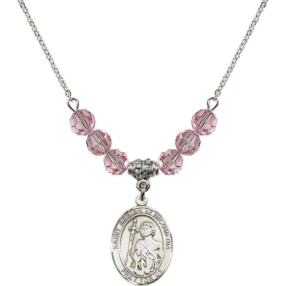 Sterling Silver Saint Adrian of Nicomedia Birthstone Necklace with Light Rose Beads - 8353