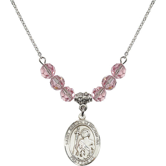 Sterling Silver Saint Adrian of Nicomedia Birthstone Necklace with Light Rose Beads - 8353
