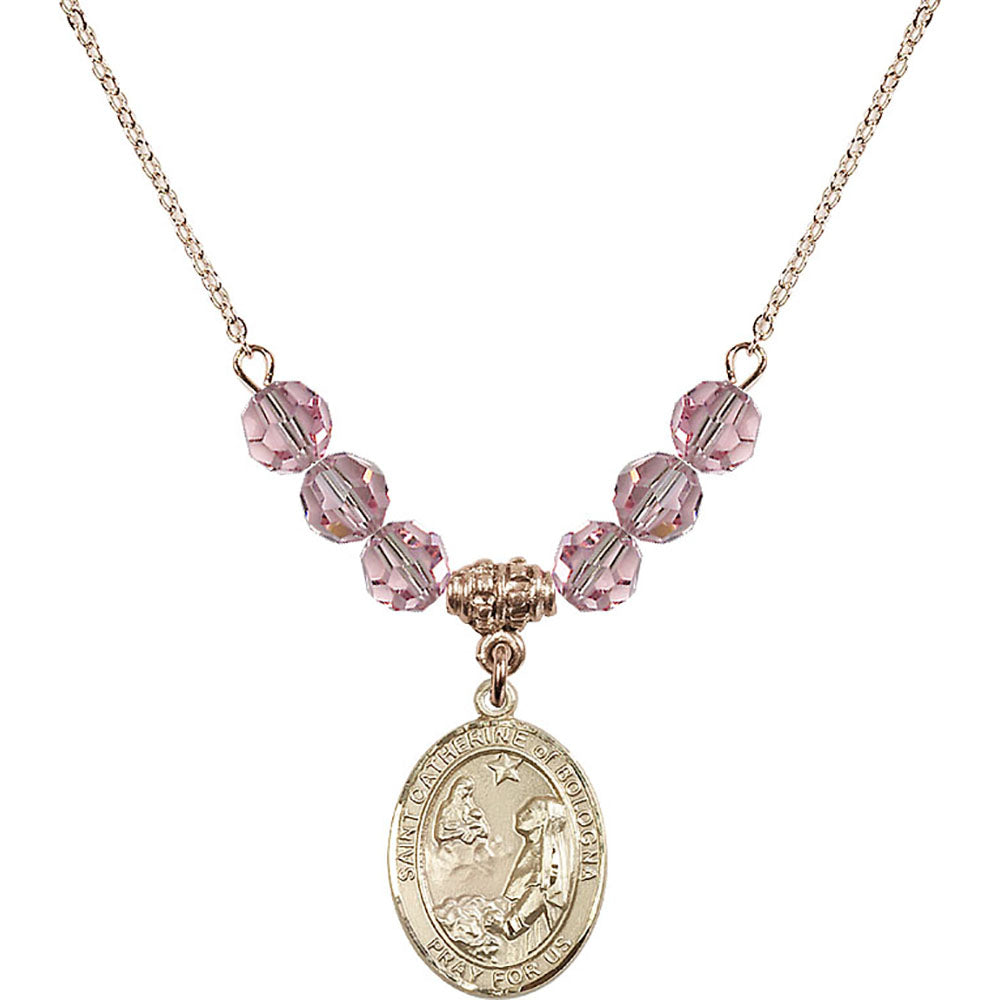 14kt Gold Filled Saint Catherine of Bologna Birthstone Necklace with Light Rose Beads - 8354