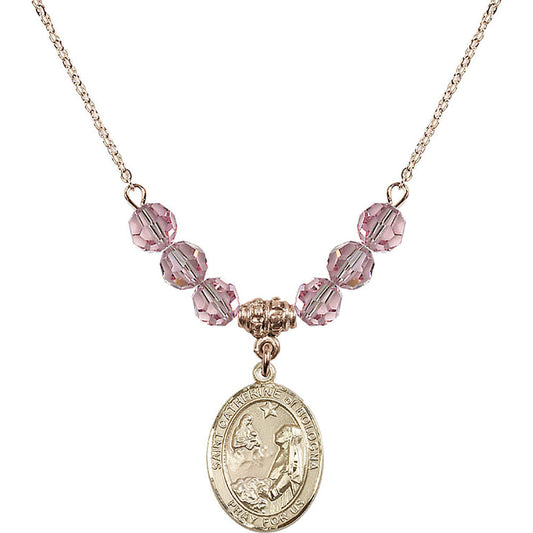 14kt Gold Filled Saint Catherine of Bologna Birthstone Necklace with Light Rose Beads - 8354