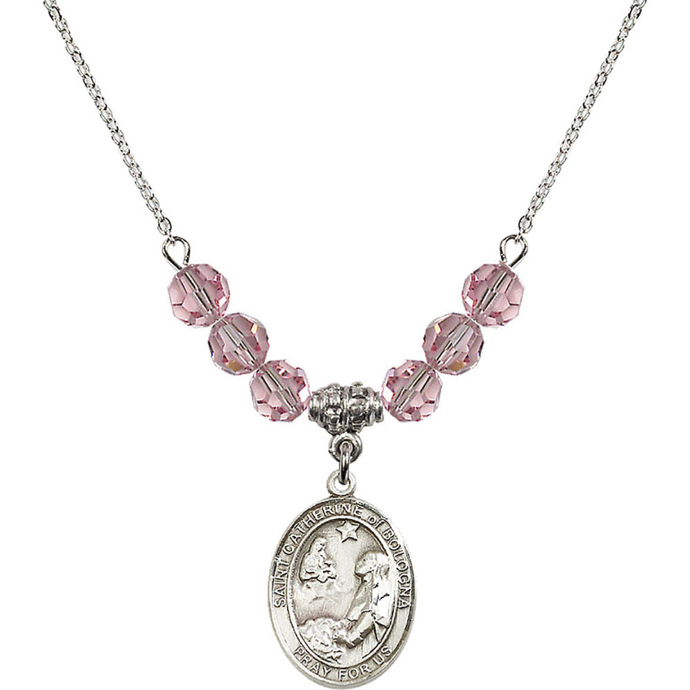 Sterling Silver Saint Catherine of Bologna Birthstone Necklace with Light Rose Beads - 8354