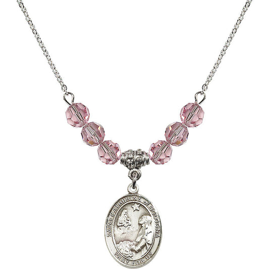 Sterling Silver Saint Catherine of Bologna Birthstone Necklace with Light Rose Beads - 8354
