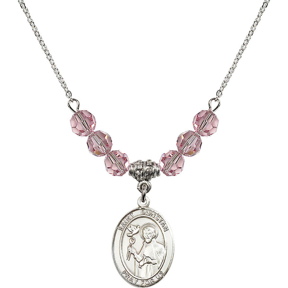 Sterling Silver Saint Dunstan Birthstone Necklace with Light Rose Beads - 8355
