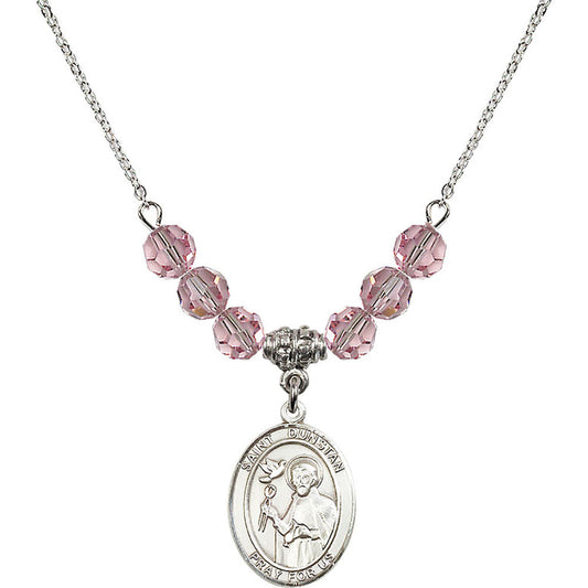 Sterling Silver Saint Dunstan Birthstone Necklace with Light Rose Beads - 8355