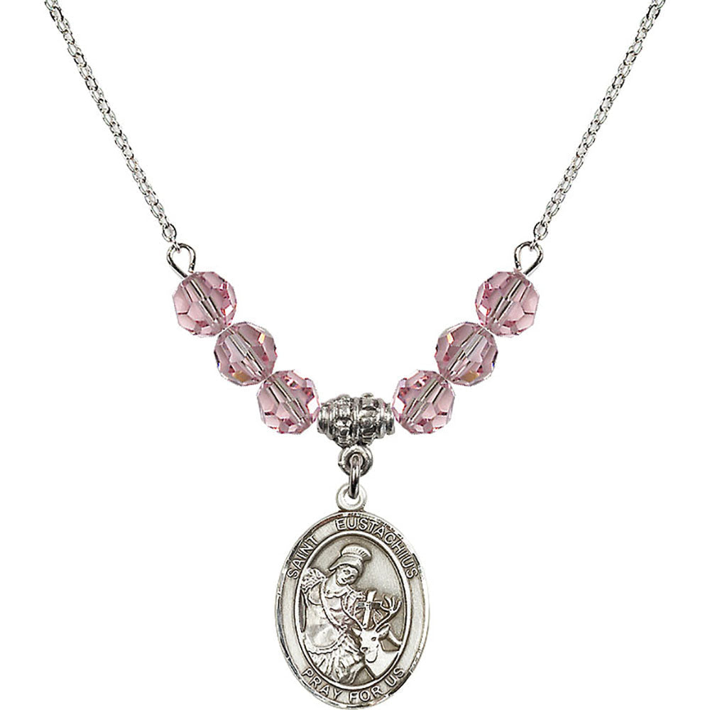 Sterling Silver Saint Eustachius Birthstone Necklace with Light Rose Beads - 8356