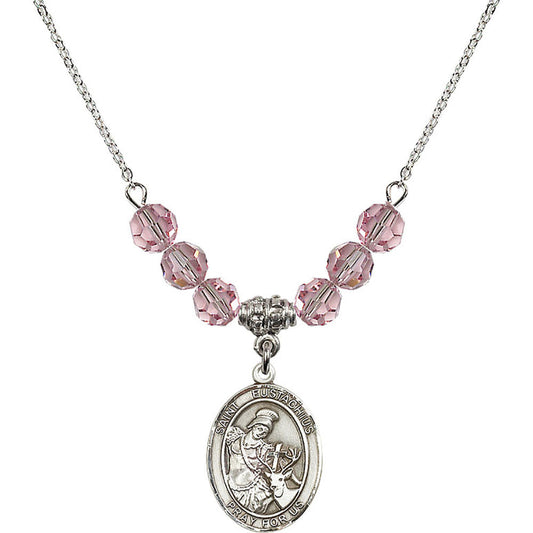 Sterling Silver Saint Eustachius Birthstone Necklace with Light Rose Beads - 8356