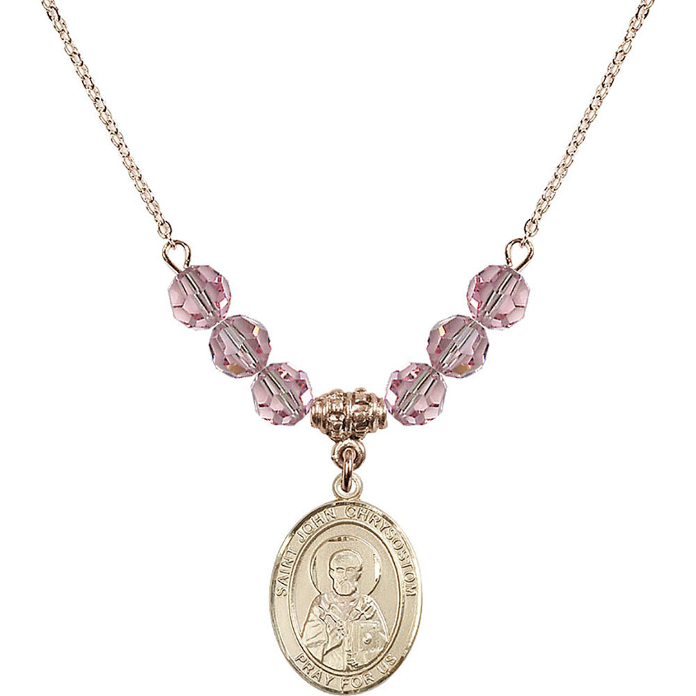 14kt Gold Filled Saint John Chrysostom Birthstone Necklace with Light Rose Beads - 8357
