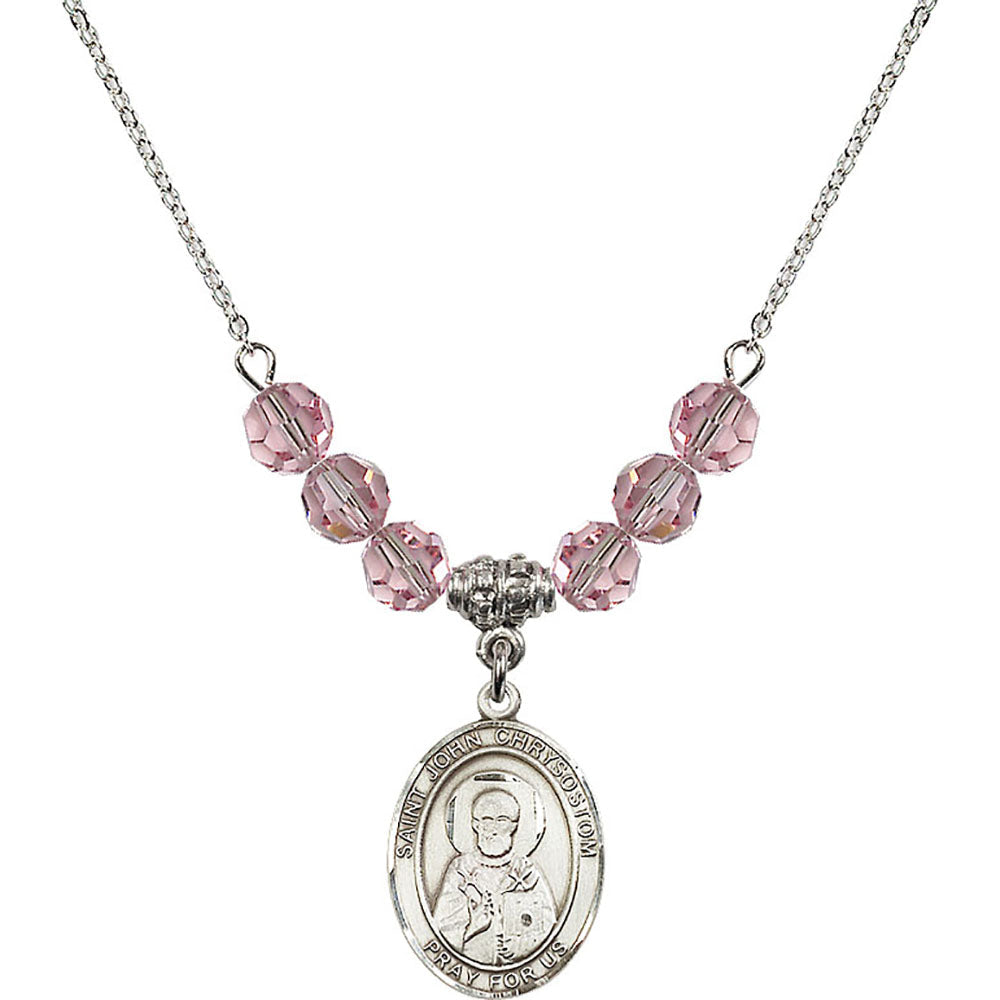 Sterling Silver Saint John Chrysostom Birthstone Necklace with Light Rose Beads - 8357