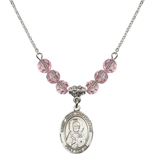Sterling Silver Saint John Chrysostom Birthstone Necklace with Light Rose Beads - 8357