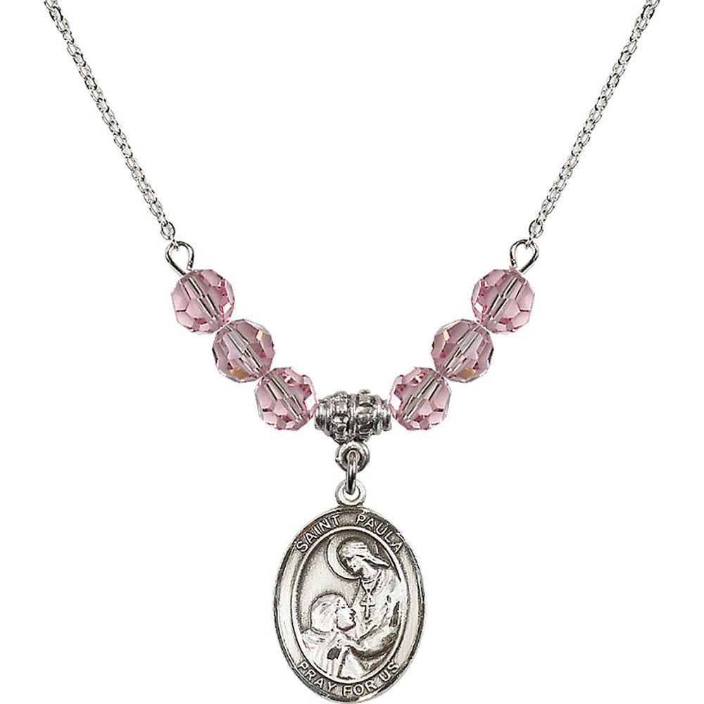 Sterling Silver Saint Paula Birthstone Necklace with Light Rose Beads - 8359
