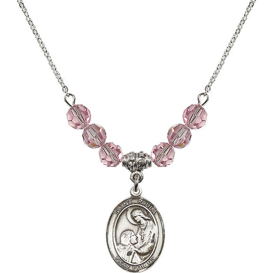 Sterling Silver Saint Paula Birthstone Necklace with Light Rose Beads - 8359