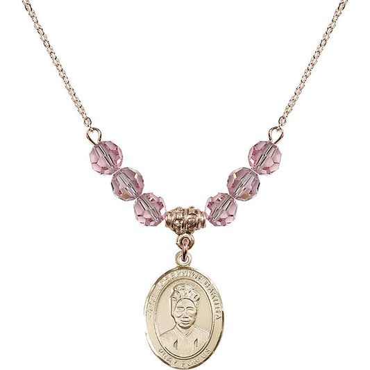 14kt Gold Filled Saint Josephine Bakhita Birthstone Necklace with Light Rose Beads - 8360