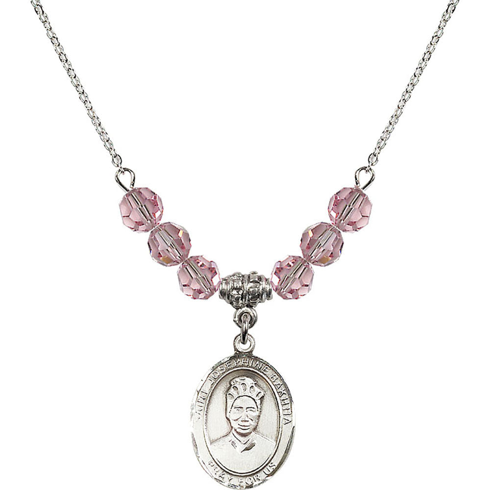 Sterling Silver Saint Josephine Bakhita Birthstone Necklace with Light Rose Beads - 8360